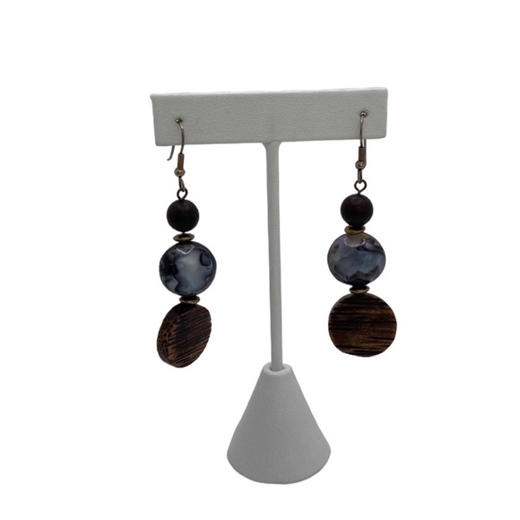 Vintage VTG Three Bead Dangle Earrings Wood Silver Tone - Picture 1 of 10